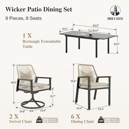 HERA'S HOUSE Patio Table and Chairs Set, Outdoor Dining Set for 7, Outdoor Rattan Dining Set of 4 x Cushioned Woven Rattan Patio Dining Chairs,2 x Patio Swivel Chairs and 1 x 61”/84” Extendable Table