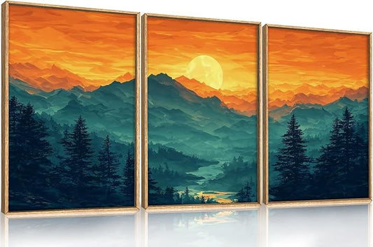 HOURIA Large Sunrise Mountain Forest Landscape Framed Canvas Wall Art Set,Orange Sky Green Ridge Wall Decor,Nature Pine Tree Artwork,Boho Watercolor Art Print for Living Room, Bedroom- 16"x24"x3