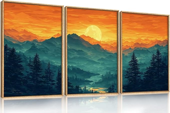 HOURIA Large Sunrise Mountain Forest Landscape Framed Canvas Wall Art Set,Orange Sky Green Ridge Wall Decor,Nature Pine Tree Artwork,Boho Watercolor Art Print for Living Room, Bedroom- 24"x36"x3