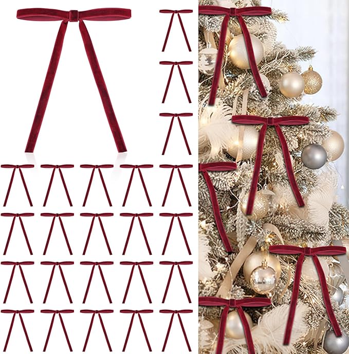 24 Pcs Red Velvet Christmas Ornaments, Rustic Velvet Bows for Christmas Tree, 5x7 Inch Pre-Tied Vintage Xmas Bows for Wreaths, Gifts and Holiday Home Décor, Ribbon Bows for Garland (3/8")