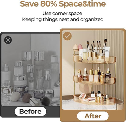 FELIZHOUSE 2-Tier Makeup Organizer for Vanity & Bathroom Countertop – Acrylic Storage Shelf with Perfume Makeup Brush Holder, Tool-Free Installation, Design for Bathroom & Dresser - Amber