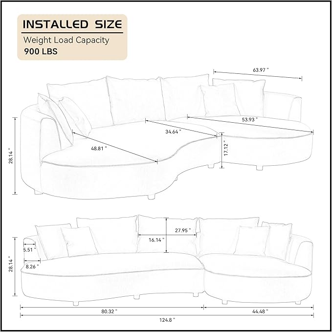 WILLIAMSPACE 124.8" Leather Curved Sofa Couch, Modern Upholstery Luxury Sofa with Pillows, Left Hand Facing Sectional Couch for Living Room (Right-Facing,Orange Leather)