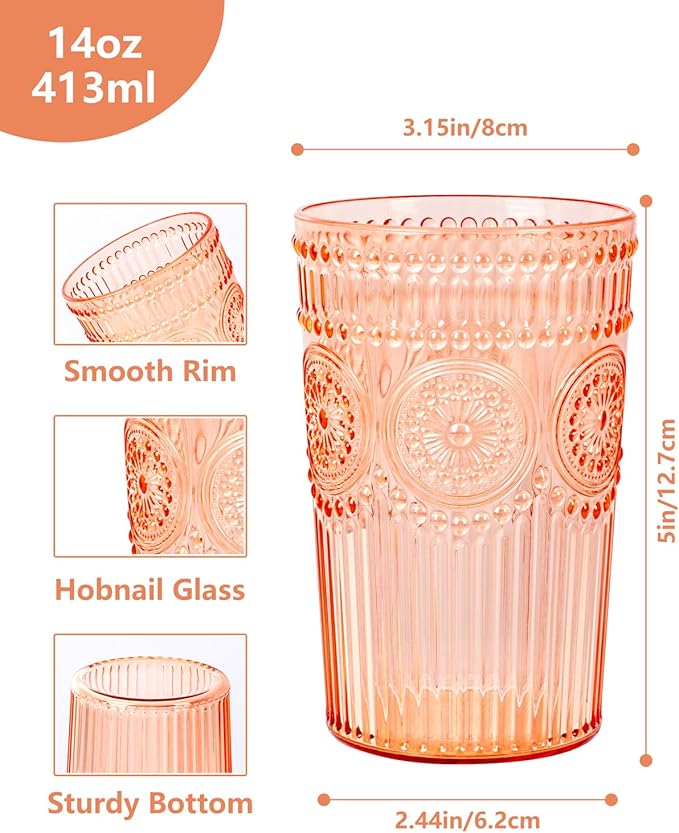 Ciaell 12 Pack Romantic Plastic Water Glasses - 14 Oz Amber Vintage Drinking Glasses, Embossed Ribbed Plastic Cups, Textured Striped Set for Juice, Beverages, Beer, Cocktai & Thanksgiving