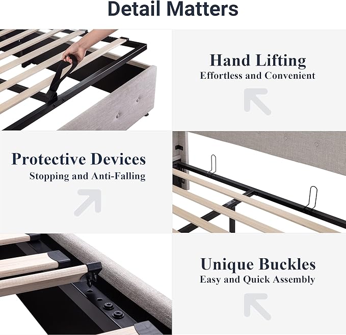 Allewie Queen Size Lift Up Storage Bed, Button Tufted Headboard with Wingback, Hydraulic Support, No Box Spring Needed, Light Beige