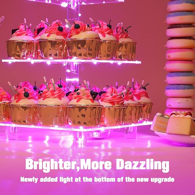 YestBuy 3 Tier Square Cupcake Stand - Premium Cupcake Holder - Acrylic Cupcake Tower Display - 3 Tier Acrylic Display for Pastry + LED Light String - Ideal for Weddings, Birthday Parties( Pink Light)