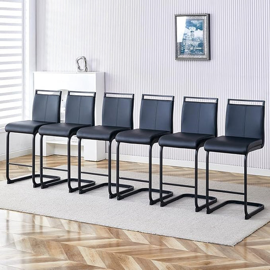 Bar Stools Set of 6,25" Counter Height Bar Stools with Footrest,Black Faux Leather Kitchen Stools with Black Painted Metal Leg,Counter Height Stools Ideal for Island Pub Kitchen Counter Dining Chair