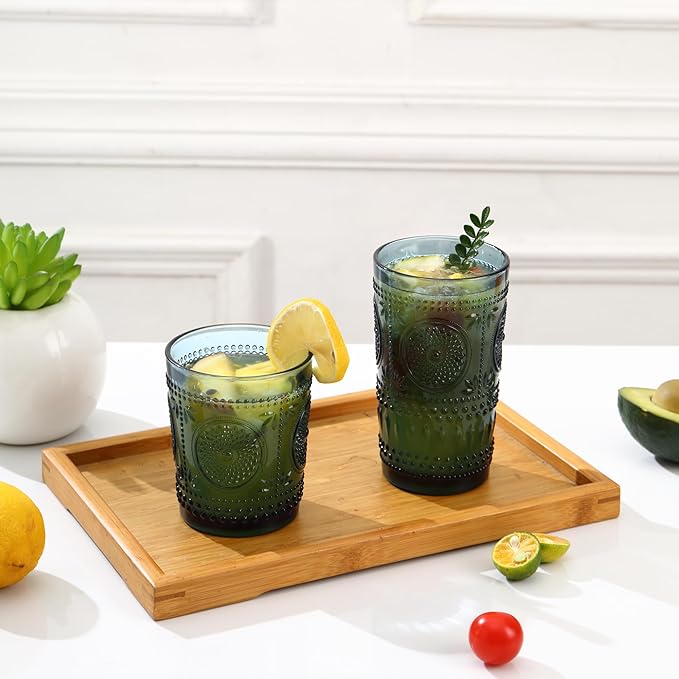 Blue Drinking Glasses Set of 12, 16 Oz Highball & 13 Oz Cocktail Glasses, Blue Kitchen Vintage Glassware Set, Floral Embossed Glass Tumbler Cups for Juice, Beer, Water, Whiskey, Coffee