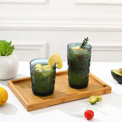 Blue Drinking Glasses Set of 12, 16 Oz Highball & 13 Oz Cocktail Glasses, Blue Kitchen Vintage Glassware Set, Floral Embossed Glass Tumbler Cups for Juice, Beer, Water, Whiskey, Coffee