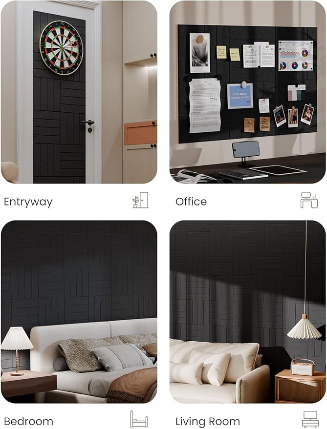 Bumusty Large Cork Board Alternative-36 x24 Felt Bulletin Board Tiles, with 30 Pushpins, 40 Adhesive Tabs, 6-Pack Slat Wall Paneling, Cork Boards for Office Push Pin Board Felt Board-Black