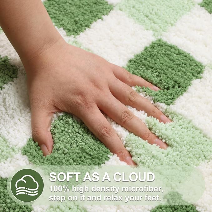 ORTIGIA Cute Green Checkered Scalloped Bath Mat, Fun Plush Microfiber Bathroom Rugs Non Slip Washable Quick Dry Absorbent, Bath Rug for Shower Stall Vanities Kitchen Floor Entrance, 20x32
