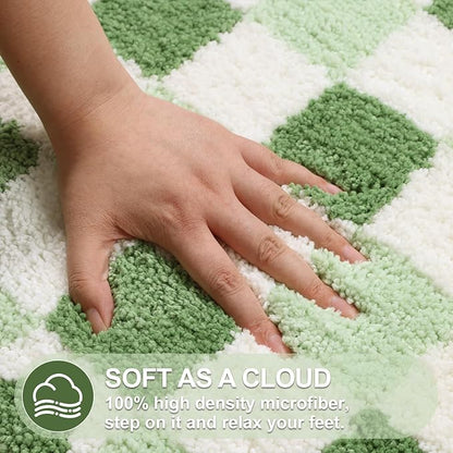 ORTIGIA Cute Green Checkered Scalloped Bath Mat, Fun Plush Microfiber Bathroom Rugs Non Slip Washable Quick Dry Absorbent, Bath Rug for Shower Stall Vanities Kitchen Floor Entrance, 20x32