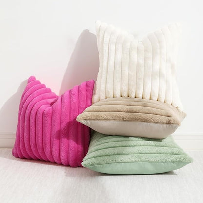 decorUhome Faux Fur Christmas Throw Pillow Covers 16x16 Set of 2, Decorative Soft Plush Striped Neutral Euro Pillow Covers with Velvet Back for Bed, Living Room Home Decor, Sage Green