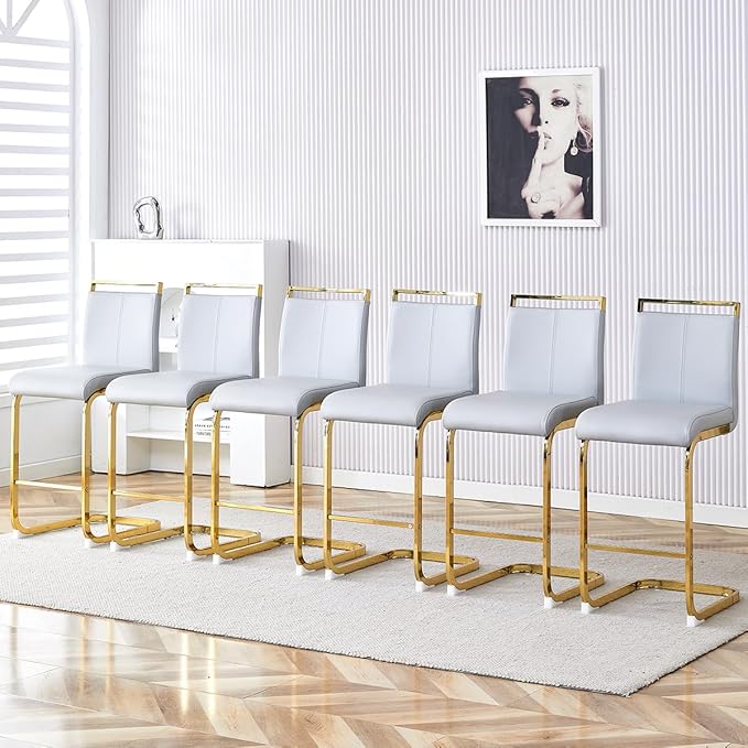 Counter Height Bar Stools Set of 6,Bar Stools with Back,25" Light Grey Island Chairs with Gold Chrome Plated Metal Leg,Faux Leather Barstools for Pub Kitchen Counter Dining Chair