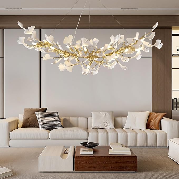 Modern Gold Tree Branch Chandeliers for Dining Room,55" Rectangle Ceramic Ginkgo Leaf Chandelier, Dining Chandelier Over Table,Linear Chandeliers for Dining Room, Living,Kitchen