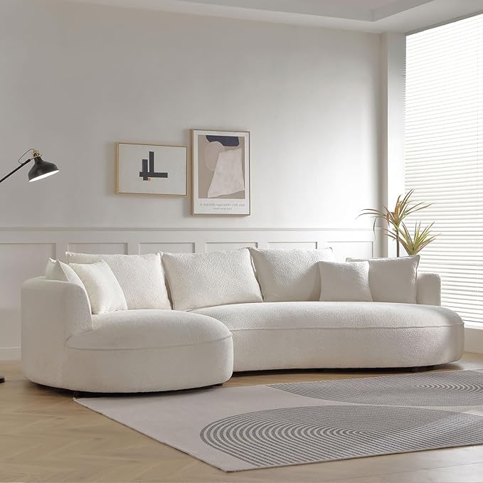125'' Modern Curved Cloud Sofa Luxury Living Room 5 Seater Combo Sofa Cloud Curve Design Mid Century Upholstered Sofa with Ottoman for Living Room Bedroom Apartment(Boucle+Left Facing, Beige)