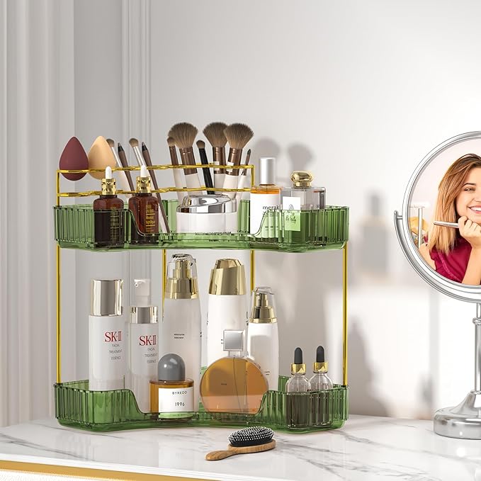 SUNZOS Bathroom Counter Organizer, Corner Vanity Cosmetic Storage with Makeup Brush Holder, Countertop Organizers for Dresser (2 Tier, Green)