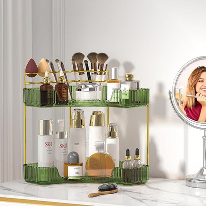 SUNZOS Bathroom Counter Organizer, Corner Vanity Cosmetic Storage with Makeup Brush Holder, Countertop Organizers for Dresser (2 Tier, Green)