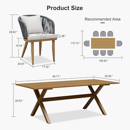 PURPLE LEAF 9 Pieces Patio Dining Table Set Wicker Outdoor Furniture Rectangular Table and Chairs Set for Garden Deck Teak-Finish Aluminum Frame Backyard Kitchen Set, Cushions and Pillows Included