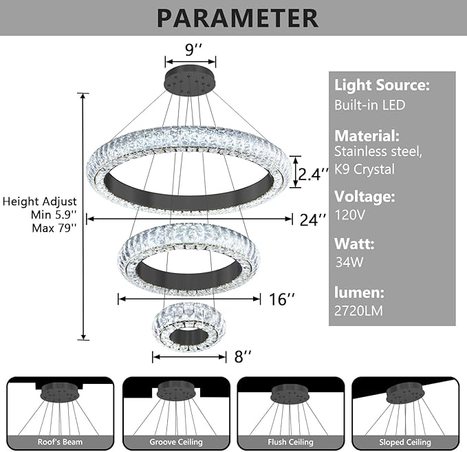 23.6" 3 Ring Crystal Chandelier Modern LED Dimmable Ring Pendant Light Round Chandelier for Dining Room Living Room Black