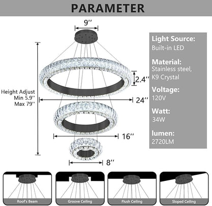 23.6" 3 Ring Crystal Chandelier Modern LED Dimmable Ring Pendant Light Round Chandelier for Dining Room Living Room Black