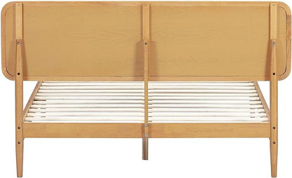 NTC Lupin Wooden Bed Frame with Headboard and Natural Rattan, Solid Oak/Rubber Wood Foundation with Silent Slats, 1000 Lb Capacity, Effortless Assembly (Natural Cane - Rustic Oak, Queen)