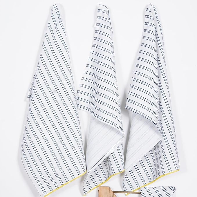 TARAN LIVING Printed Kitchen Dish Bar and Tea Towels Cotton, 18x28 inch with Trims, Cotton Dish Towel Sets (Blue Stripes, Set of 6)
