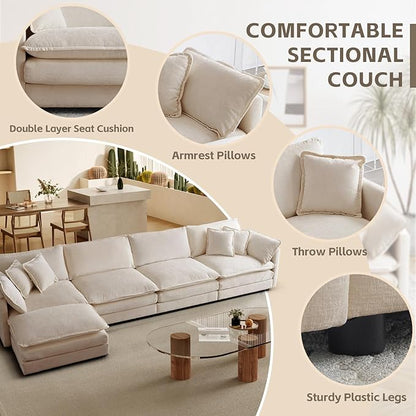 SoarFlash Chenille Sectional Sofa, Comfy L Shaped Modular Coush Sofa with Ottoman, Modern 4 Seat Couch Deep Seat Sofa Set for Living Room,Light Coffee