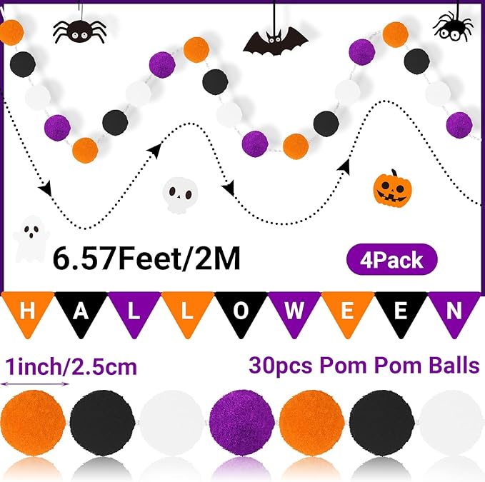 MARFOREVER 4 Pack 26.3 FT Halloween Felt Ball Garlands, Halloween Decorations 30 Balls Black Orange White Purple Pom Pom Garlands Hanging Supplies for Fall Halloweens Holiday Party Home Wall Decor