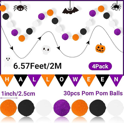 MARFOREVER 4 Pack 26.3 FT Halloween Felt Ball Garlands, Halloween Decorations 30 Balls Black Orange White Purple Pom Pom Garlands Hanging Supplies for Fall Halloweens Holiday Party Home Wall Decor