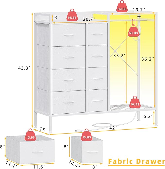 Hanging Rack 8 Drawer Dresser Charging Station & LED Lights, White Kids Chest of Fabric Drawers, White