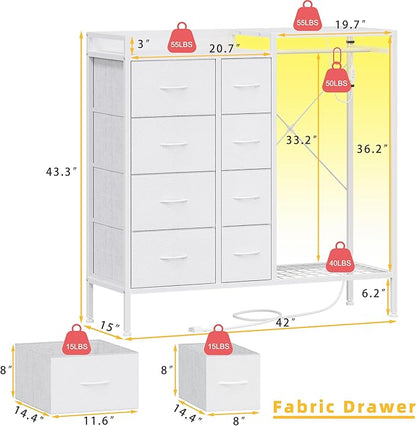 Hanging Rack 8 Drawer Dresser Charging Station & LED Lights, White Kids Chest of Fabric Drawers, White