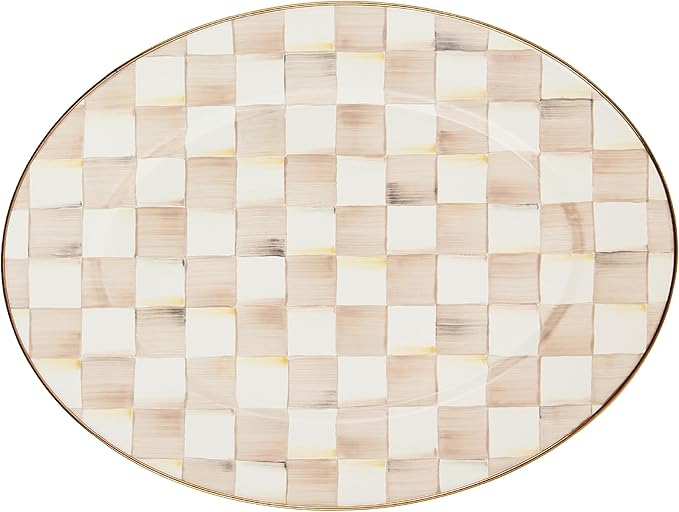 MACKENZIE-CHILDS Enamel Oval Platter, Serving Plate for Entertaining, Medium, Brown-and-White Mocha Check
