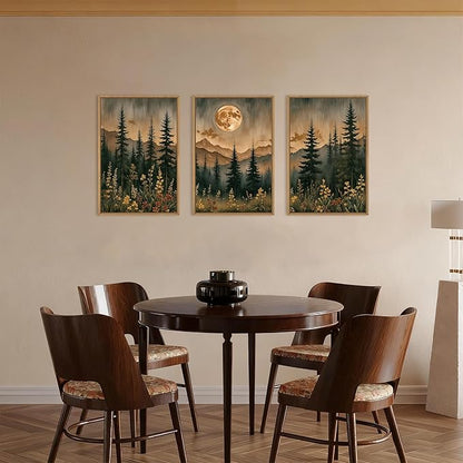 HOURIA Nature Forest Mountain Framed Canvas Wall Art Set,Moonlight Pine Tree Flower Wall Decor,Wilderness Field Wall Painting,Vintage Botanical Art Prints for Living Room,Bedroom,Farmhouse-24 x36 x3