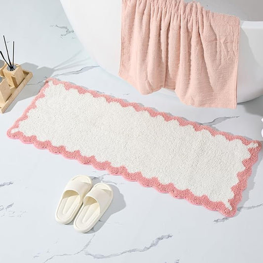 ORTIGIA Long Cute Scalloped Bathroom Rugs Runner, Fun White and Pink Plush Microfiber Scallop Bath Mats Non Slip Washable Quick Dry Absorbent, Rug for Bathtub Sink Laundry Room Bedroom, 17x47