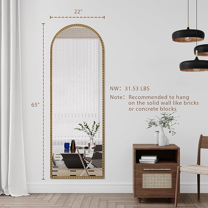 Arch Full Length Mirror with Stand, 65"x22" Floor Standing Large Dressing Standing Mirror Hanging or Leaning Against Wall for Bedroom Living Room, Antique Gold