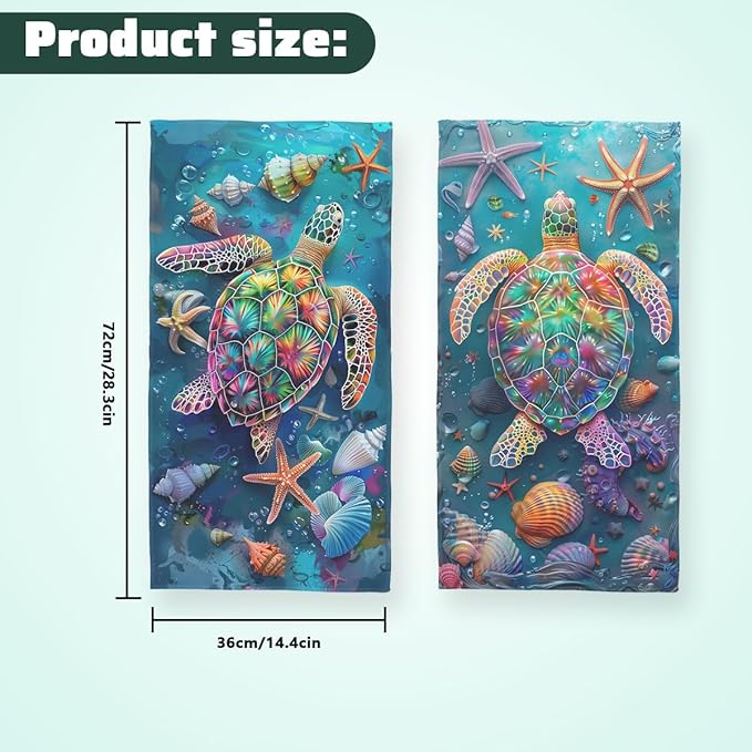 Sea Turtle Kitchen Dish Towels Set of 2 Absorbent Hand Towels 16x24 Farmhouse Starfish Seashells Sea Turtle
