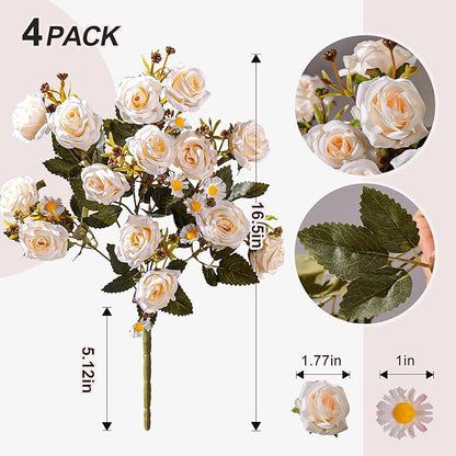 Artificial Rose Flowers for Outdoor 4 Bundles Rose Bouquet with Daisy Faux Flowers UV Resistant for Home Indoor Outside Garden Porch Window Box Balcony Yard Porch Decor (White)