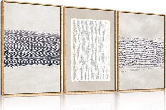 HOURIA Blue White Abstract Neutral Framed Canvas Wall Art Set,Minimalist Boho Waves Lines Wall Decor,Modern Geometric Shapes Print,Mid Century Grunge Artwork for Living Room,Bedroom,Office- 24"x36"x3