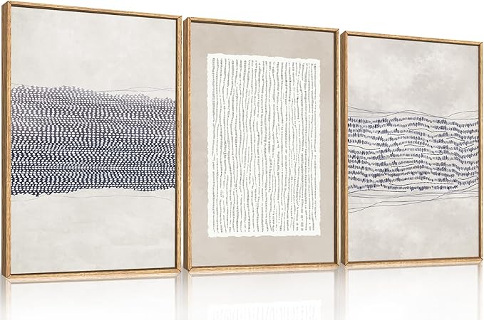 HOURIA Blue White Abstract Neutral Framed Canvas Wall Art Set,Minimalist Boho Waves Lines Wall Decor,Modern Geometric Shapes Print,Mid Century Grunge Artwork for Living Room,Bedroom,Office- 16"x24"x3