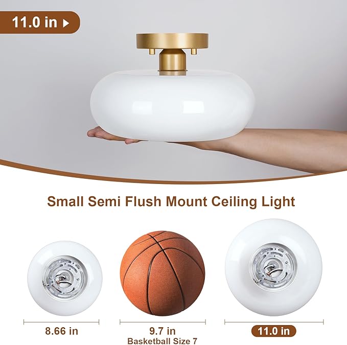 Mid-Century Modern Gold Semi Flush Mount Ceiling Light, Kitchen Ceiling Light Fixture with Glass Shade, Vintage White Close to Ceiling Lamp for Entryway Hallway Bathroom (11.0 Inch)