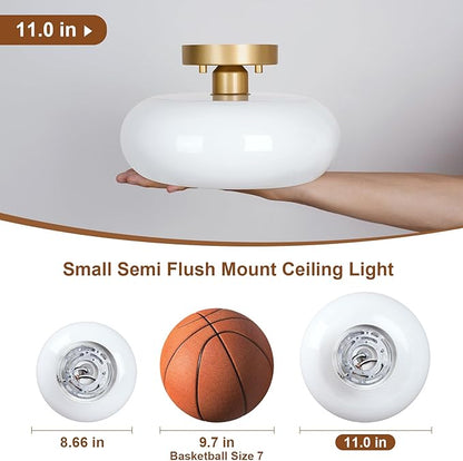 Mid-Century Modern Gold Semi Flush Mount Ceiling Light, Kitchen Ceiling Light Fixture with Glass Shade, Vintage White Close to Ceiling Lamp for Entryway Hallway Bathroom (11.0 Inch)