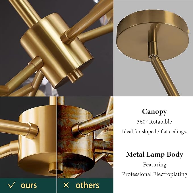 Mid Century Modern Chandelier Sputnik Crystal Chandeliers Ceiling Light Fixtures 12-Light Brass Gold Pendant Lighting for Dining Room, Kitchen Island, Living Room, AP-RYX-12LGBL