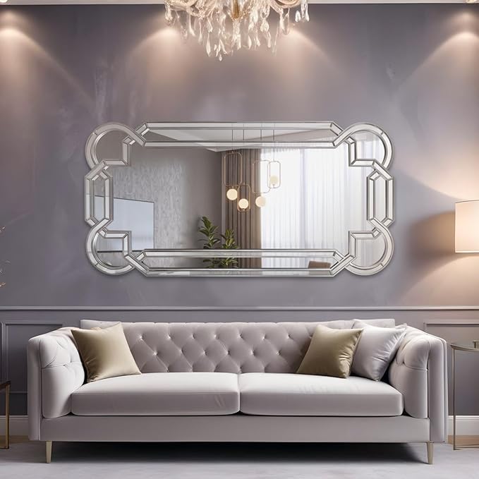 Howard Elliott Aleena Silver Oversized Full Length Mirror for Wall, Tall Rectangle Wall Hanging Mirrors with Arch Curves, Intersecting Lines & Beveled Glass for Bedroom & Living Room, 80 x 40 Inch
