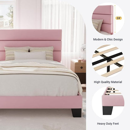 Allewie Twin Size Platform Bed Frame with Velvet Upholstered Headboard and Wooden Slats Support, Fully Upholstered Mattress Foundation/No Box Spring Needed/Easy Assembly, Pink