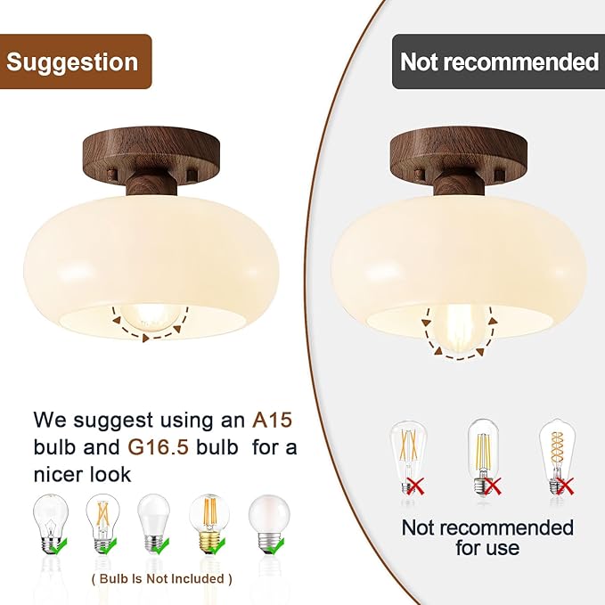 Mid-Century Modern Semi Flush Mount Ceiling Light, Faux Walnut Wood Kitchen Light Fixtures with Glass Shade, Mini White Close to Ceiling Lamp for Entryway Hallway Bathroom (8.66 Inch)