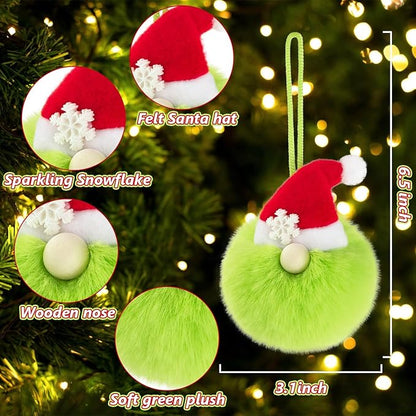 12ct 3.1'' Green Gnome Christmas Ball Ornaments, Soft Faux Fur Pom Pom Decorations with Santa Hat and Snowflake, Hanging Ornaments for Christmas Tree, Mantel, Home & Holiday Decor