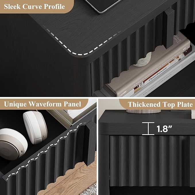 Fluted Nightstand Set of 2 with Charging Station, 23.6" Wood End Table with Solid Wood Handle, Curved Profile Design, Mid Century Moden Bedside Table for Bedroom, Black