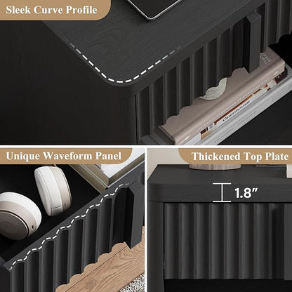 Fluted Nightstand with Charging Station, 23.6" End Table with Solid Wood Handle, Curved Profile Design, Mid Century Moden Bedside Table for Bedroom, Black