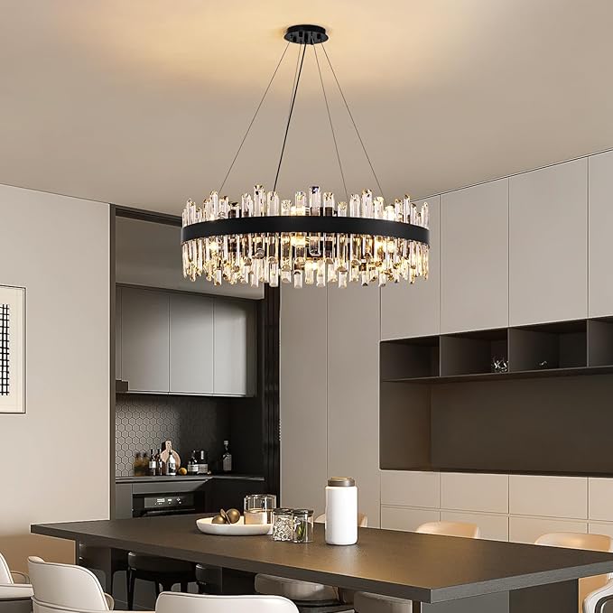 Siljoy Modern Crystal Chandelier 16-Light Farmhouse Black Round Crystal Raindrop Chandelier Industrial Dimmable Crystal Pendant Ceiling Light Fixture for Dining Living Room Entryway Foyer D31.5''