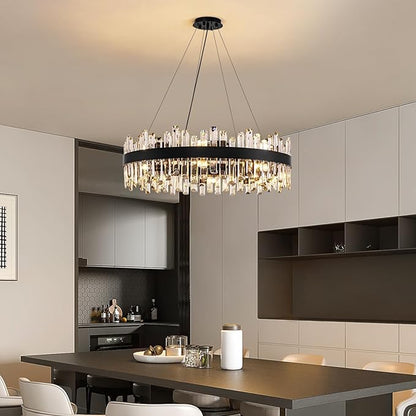 Siljoy Modern Crystal Chandelier 16-Light Farmhouse Black Round Crystal Raindrop Chandelier Industrial Dimmable Crystal Pendant Ceiling Light Fixture for Dining Living Room Entryway Foyer D31.5''